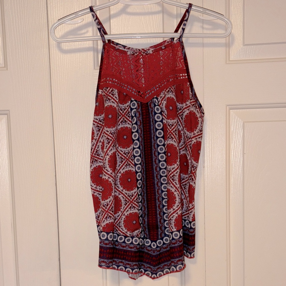 No Boundaries Red and Navy Geometric Camisole Tank